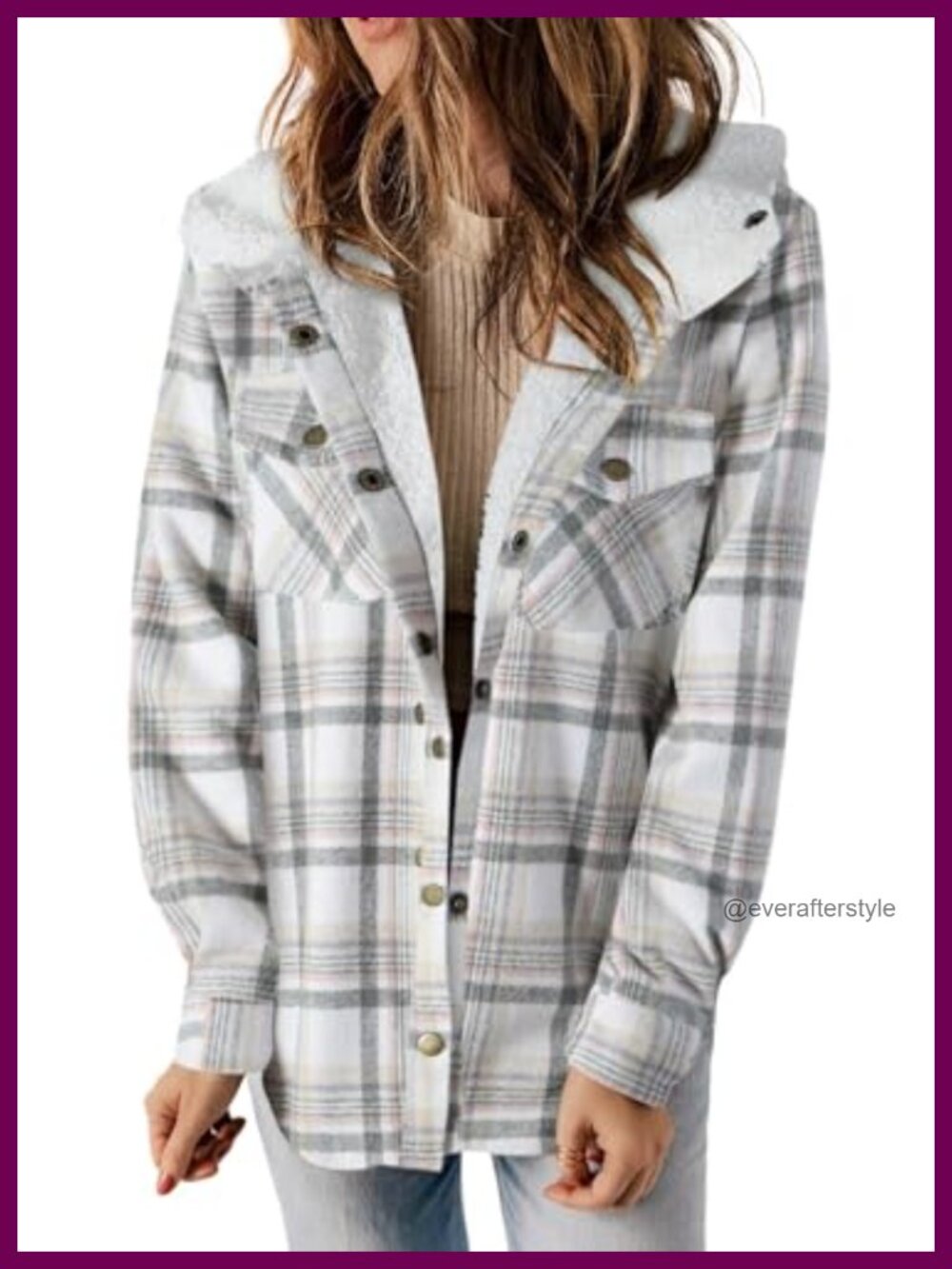 Plaid Fleece Lined Hooded Shacket Button Front Loose Fit Winter Coat